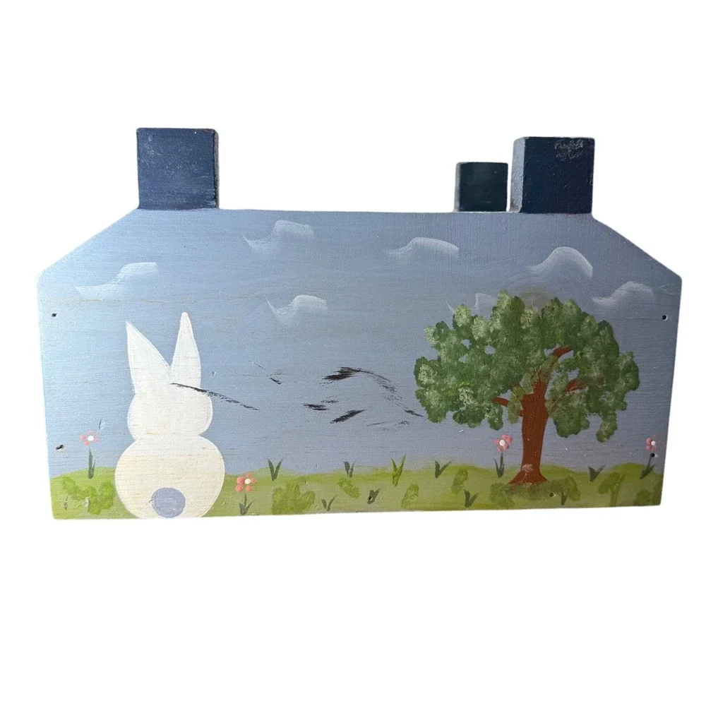 Vintage Hand Painted‎ Wooden Bunny Folk Art Storage Box Heart Farmhouse Decor